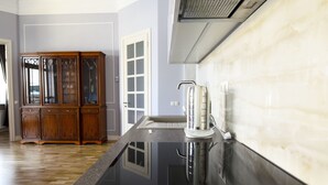Deluxe Apartment, 1 Bedroom, Balcony, City View | Private kitchenette | Coffee/tea maker, fridge, microwave, electric kettle - Ratusha apartment (Lviv)