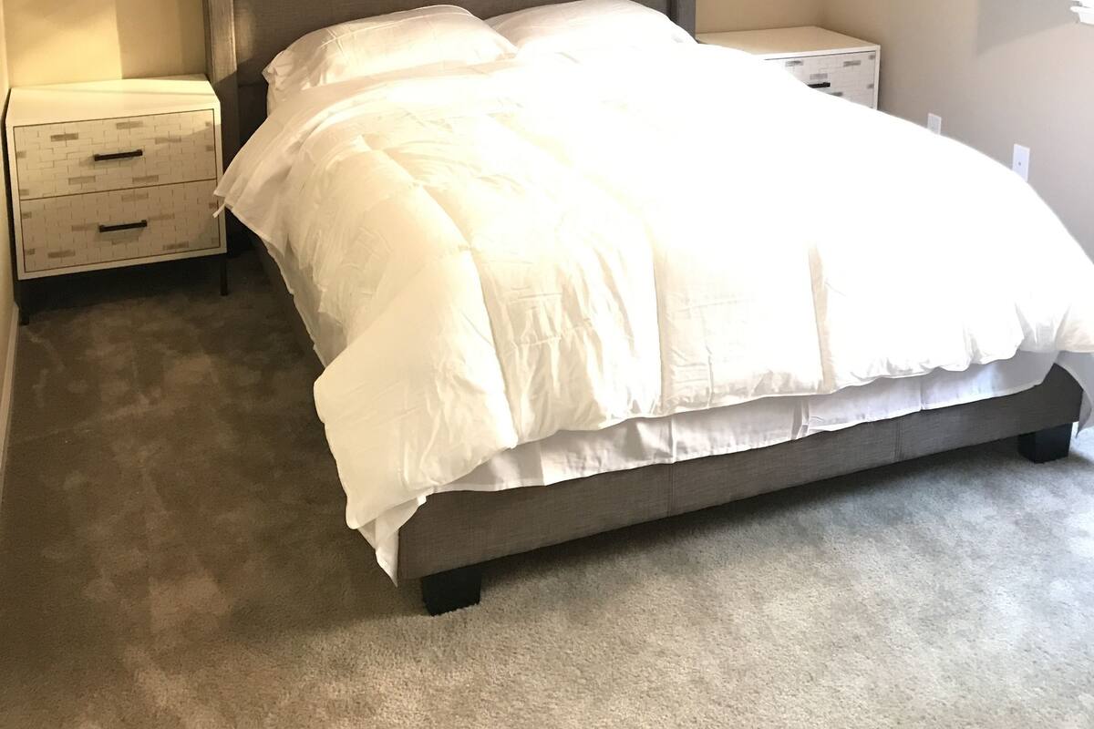 A bedroom with a bed, nightstands, a carpeted floor, and a wall-mounted artwork.