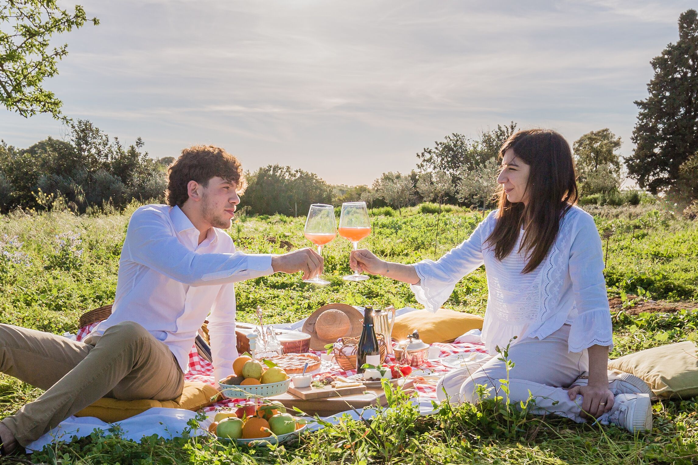 Two people toasting with drinks at a picnic in a grassy field with trees in the background.
