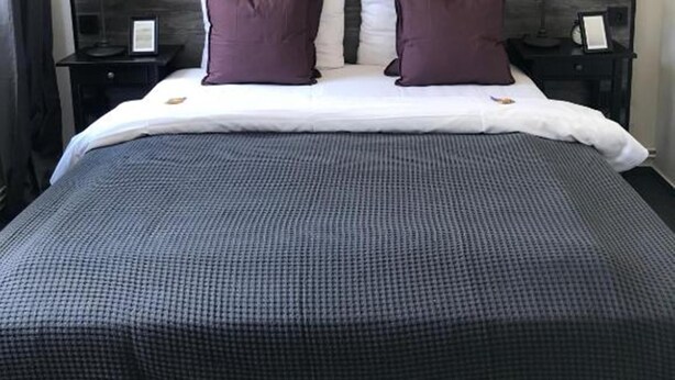 A neatly made bed with a grey textured bedspread, two white pillows, and two purple accent pillows. There are two bedside tables with lamps and a dark headboard. - Hamburg Room (Hamburg)