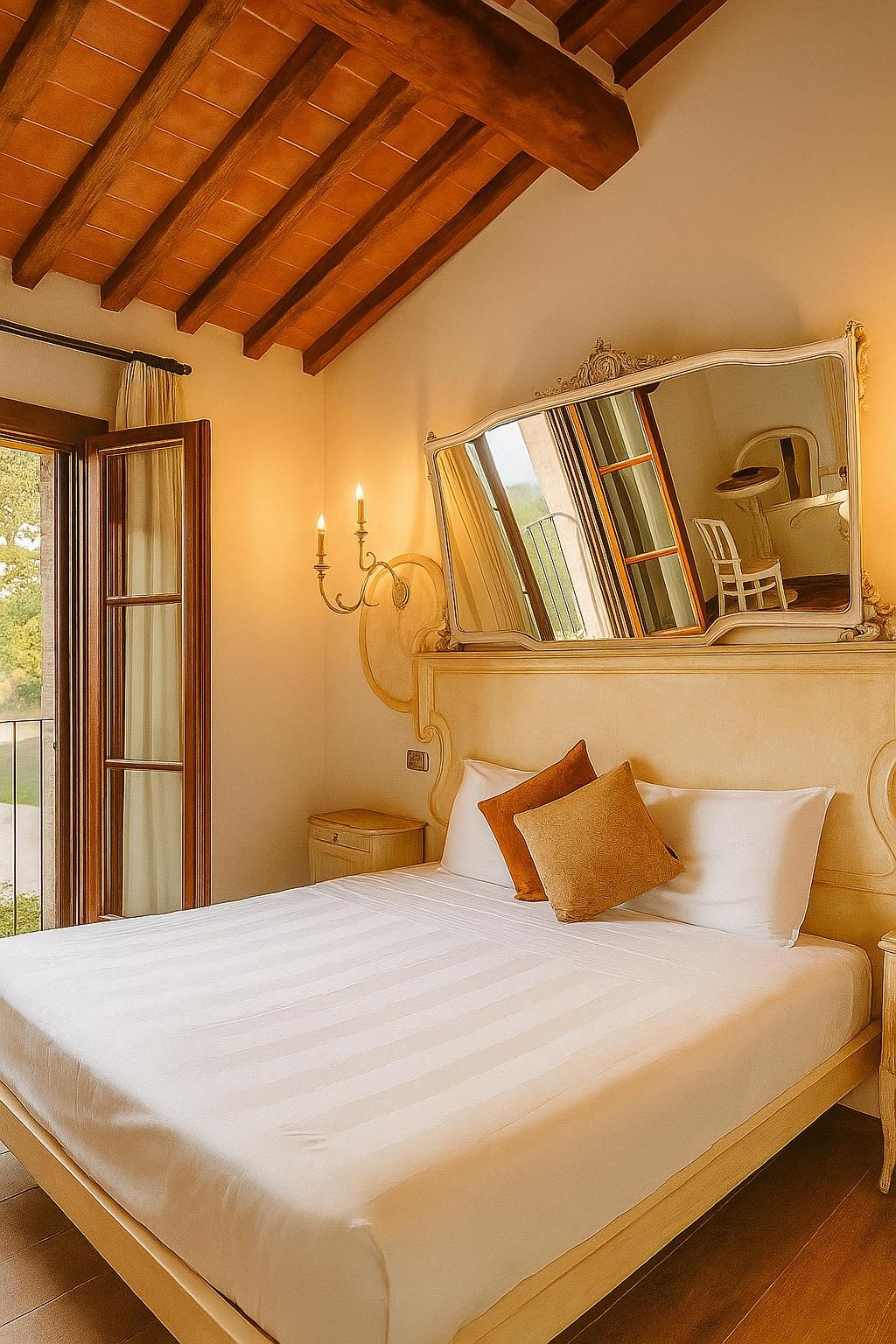 A bedroom with a large bed, a mirror, a bedside table, and a window with curtains.