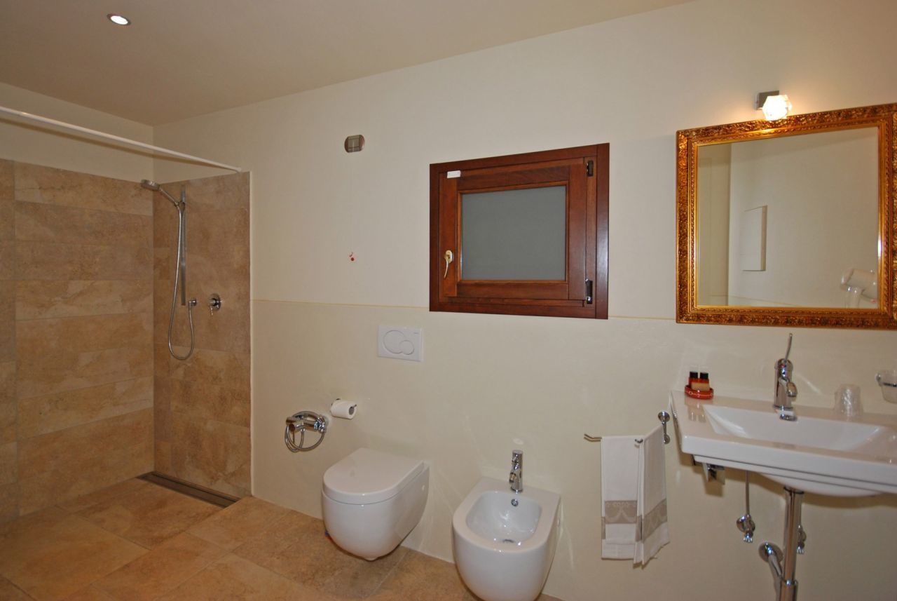 A bathroom with a shower, toilet, bidet, sink, and a mirror.