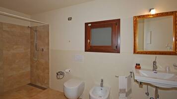 A bathroom with a shower, toilet, bidet, sink, and a mirror.