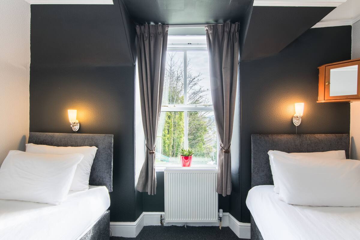 Une chambre d’hôtel avec deux lits, une fenêtre avec des rideaux, un radiateur et une plante posée sur le rebord de la fenêtre.