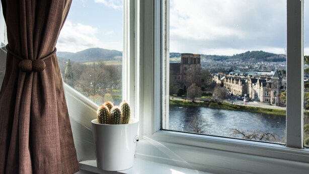 A window with a view of a cityscape, a river, and a cactus plant on a windowsill. - Bazpackers Hostel (Inverness)