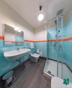 Shower, free toiletries, hair dryer, bidet
