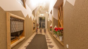A hotel hallway with a geometric patterned floor, a chandelier, and potted plants. - Tatrzański Dworek (Bialy Dunajec)