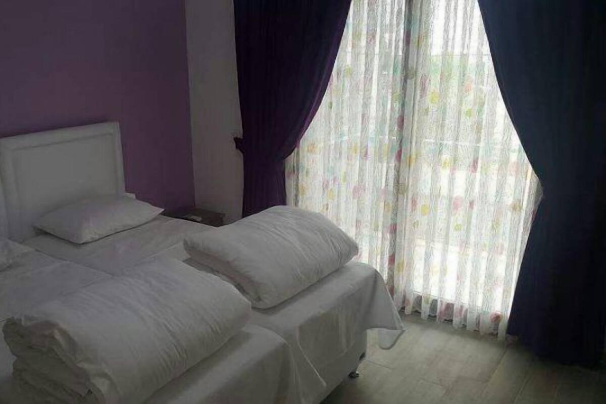 A room with two beds, each with white linens, a purple wall, and a window with sheer curtains.