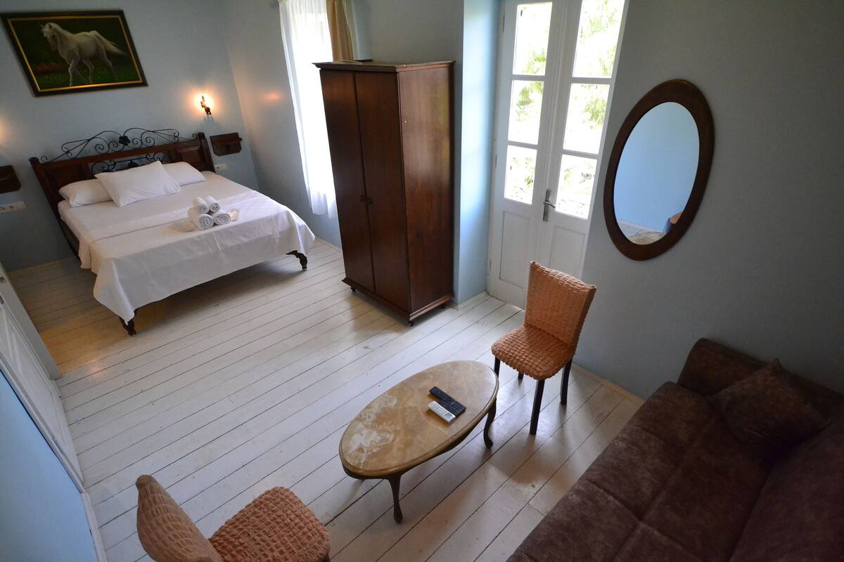 A hotel room with a bed, a wardrobe, a small table, a chair, and a sofa.