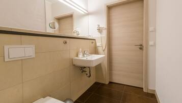A bathroom with a toilet, sink, and mirror.