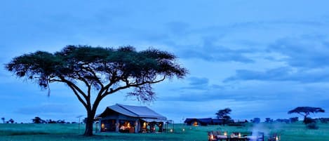 A lodge with a large tree in the foreground, a dining area with a fire, and multiple buildings in the background.