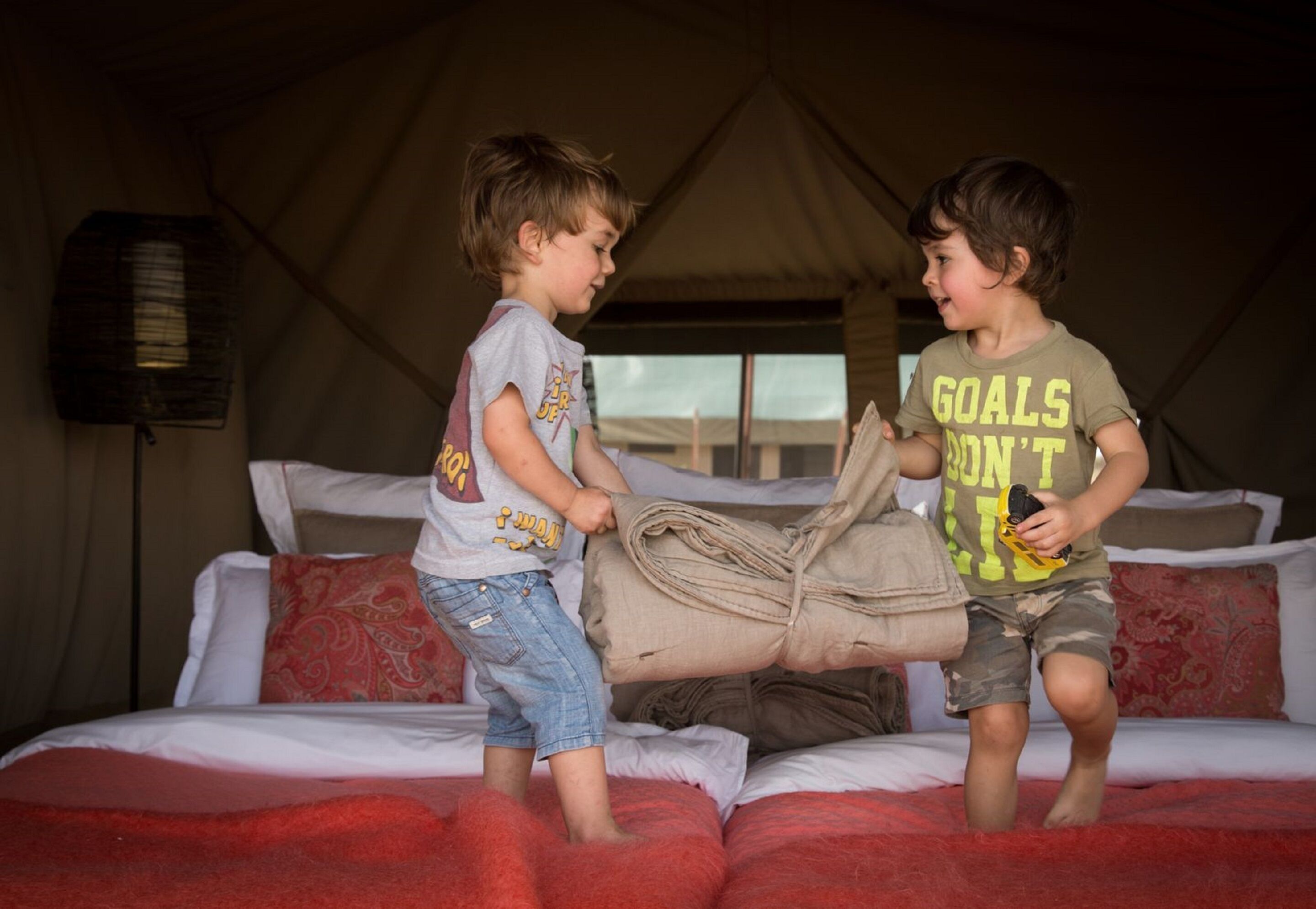Desk, blackout drapes, bed sheets