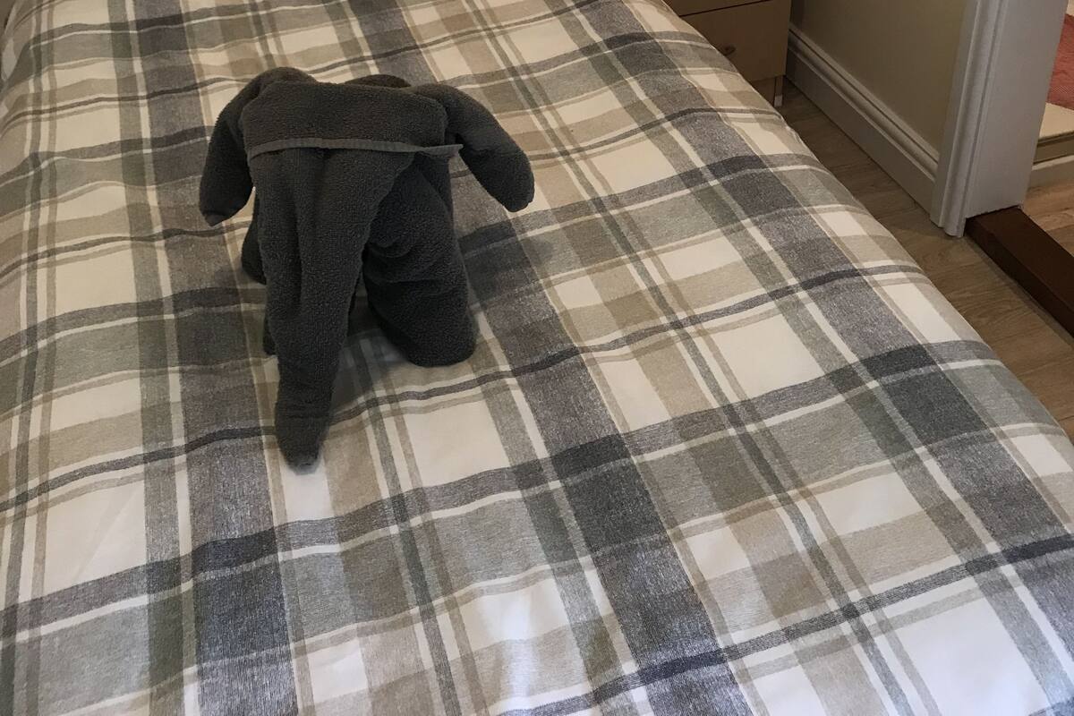 Quarto com cama, mesa de cabeceira, abajur e um ursinho de pelúcia.