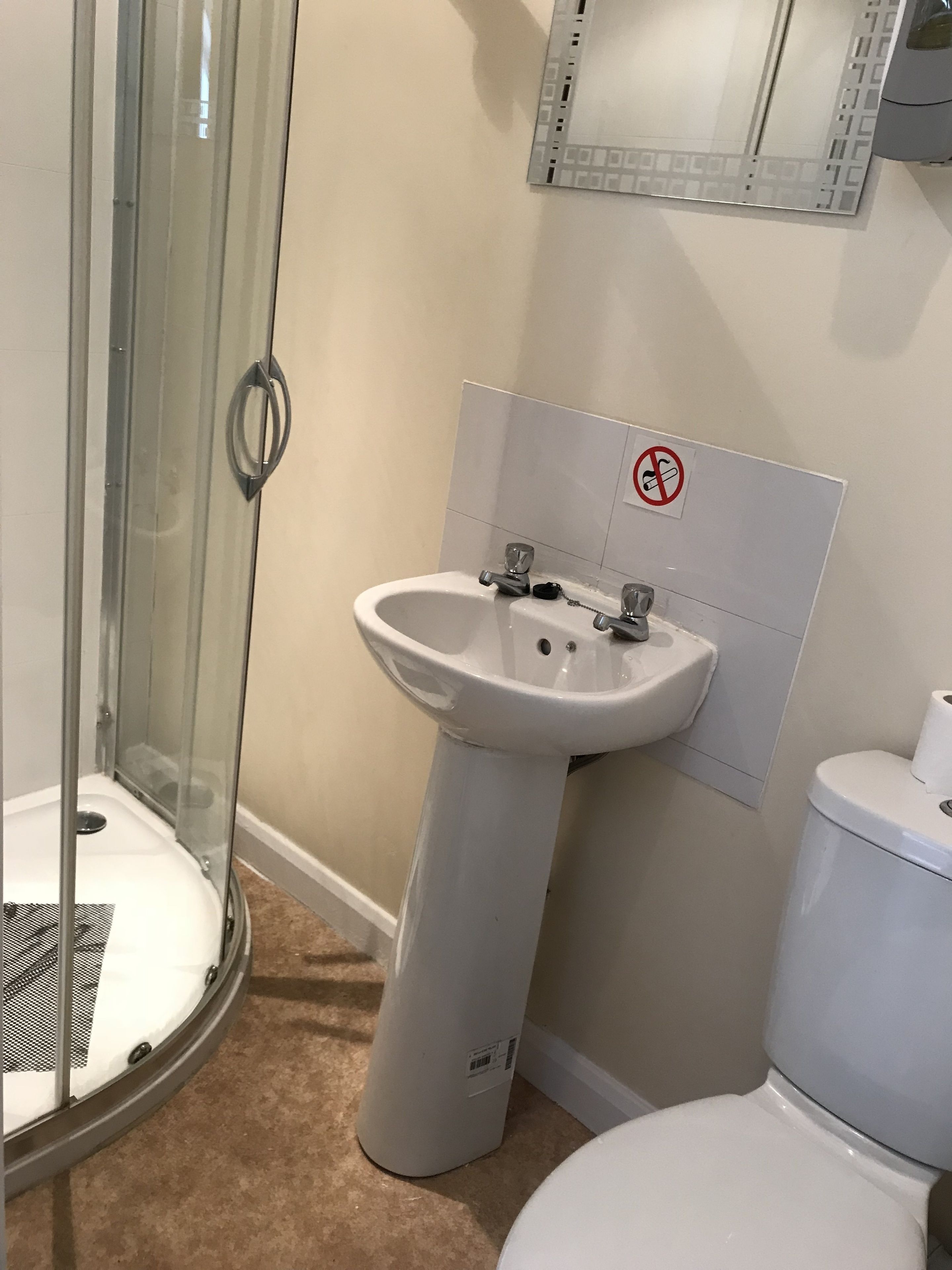 Un baño con ducha acristalada, lavamanos pedestal y retrete.