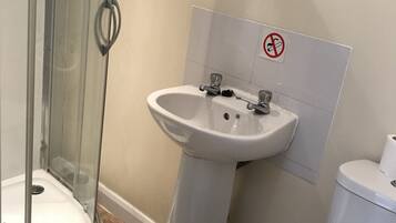Un baño con ducha acristalada, lavamanos pedestal y retrete.