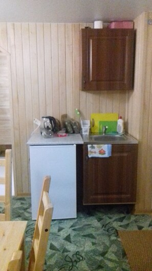 Großer Kühlschrank, Herdplatte, Wasserkocher