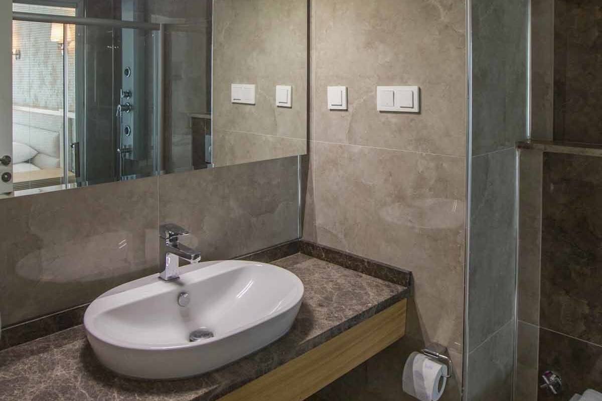 deluxe double room | bathroom | shower, free toiletries, hair dryer, slippers