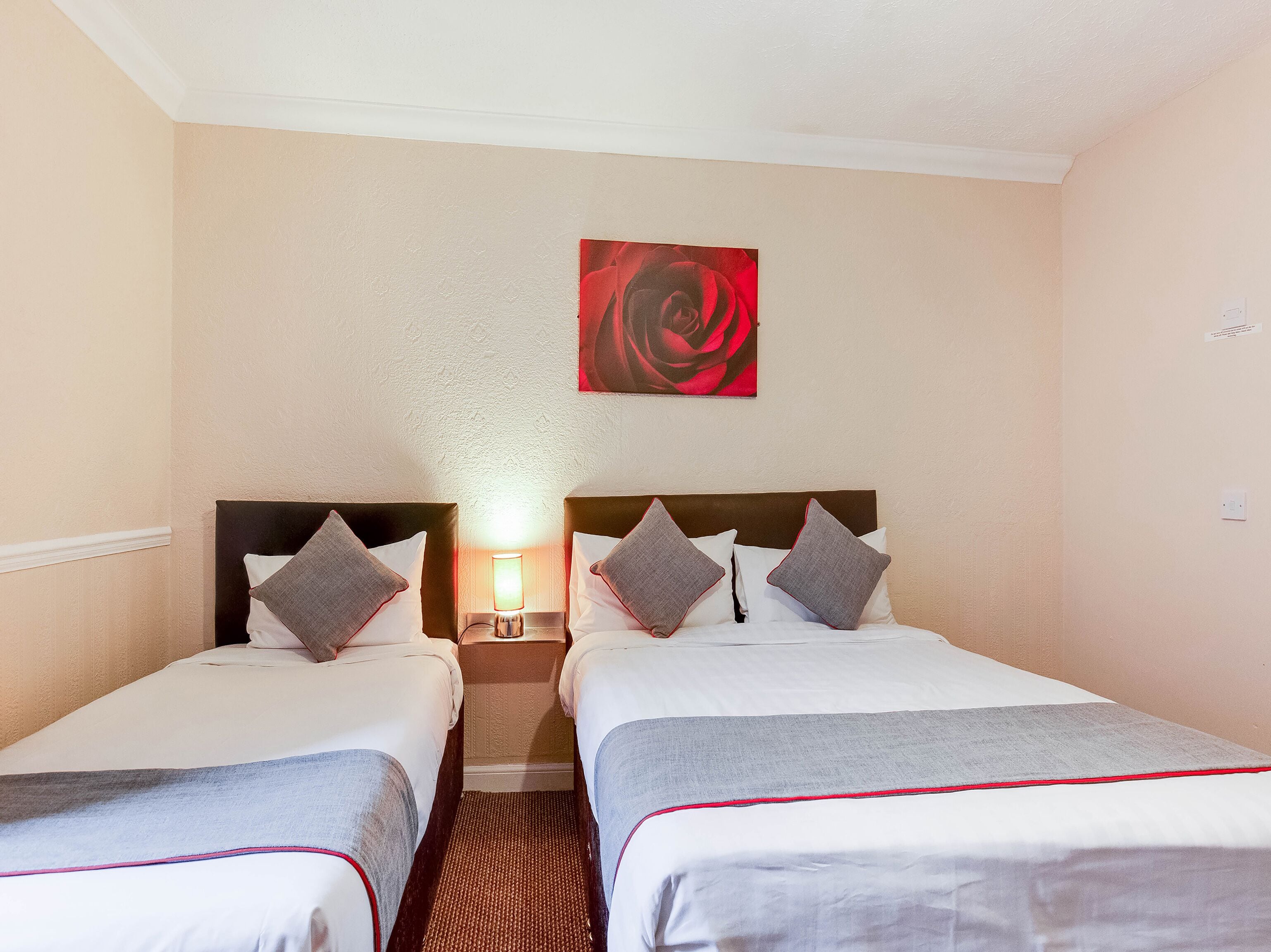 Habitación de hotel con dos camas individuales, una mesita de noche con lámpara y una obra de arte con una rosa roja en la pared.