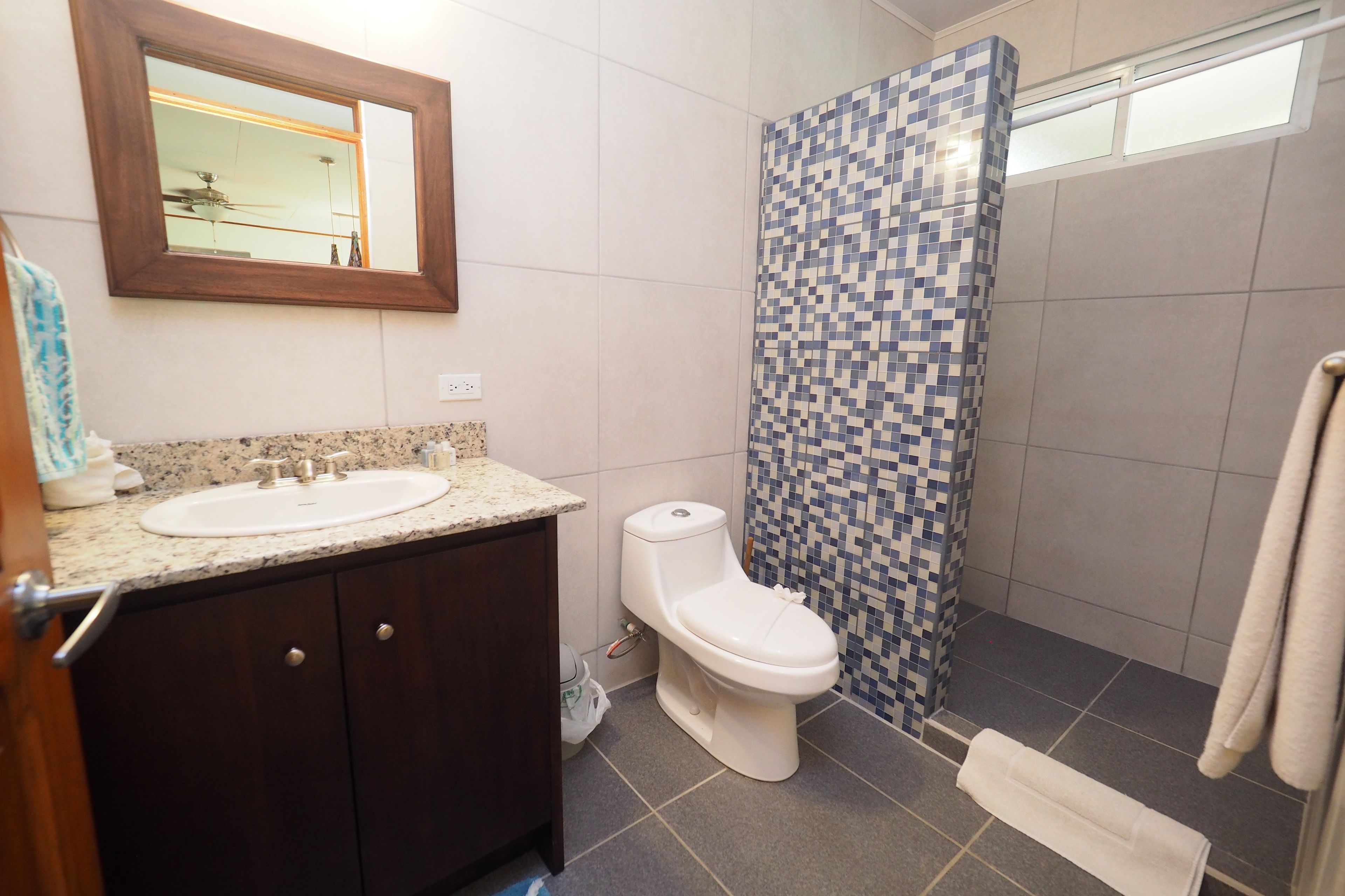 Un baño con lavamanos, inodoro y ducha.