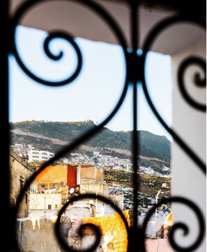 A view through a decorative metal frame of a coastal town with buildings on a hillside, a clear sky, and a distant mountain.