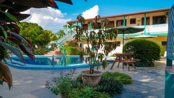 Relax by the serene pool surrounded by lush greenery and potted plants.