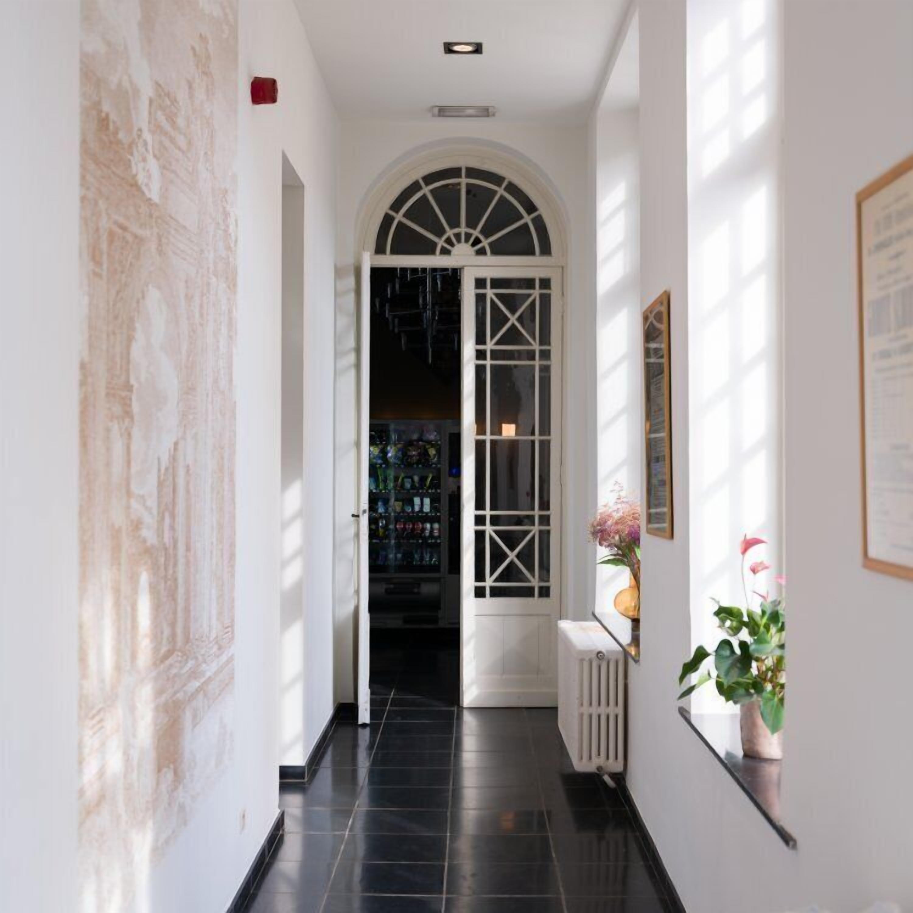 A hallway with a white door, a radiator, and a plant.