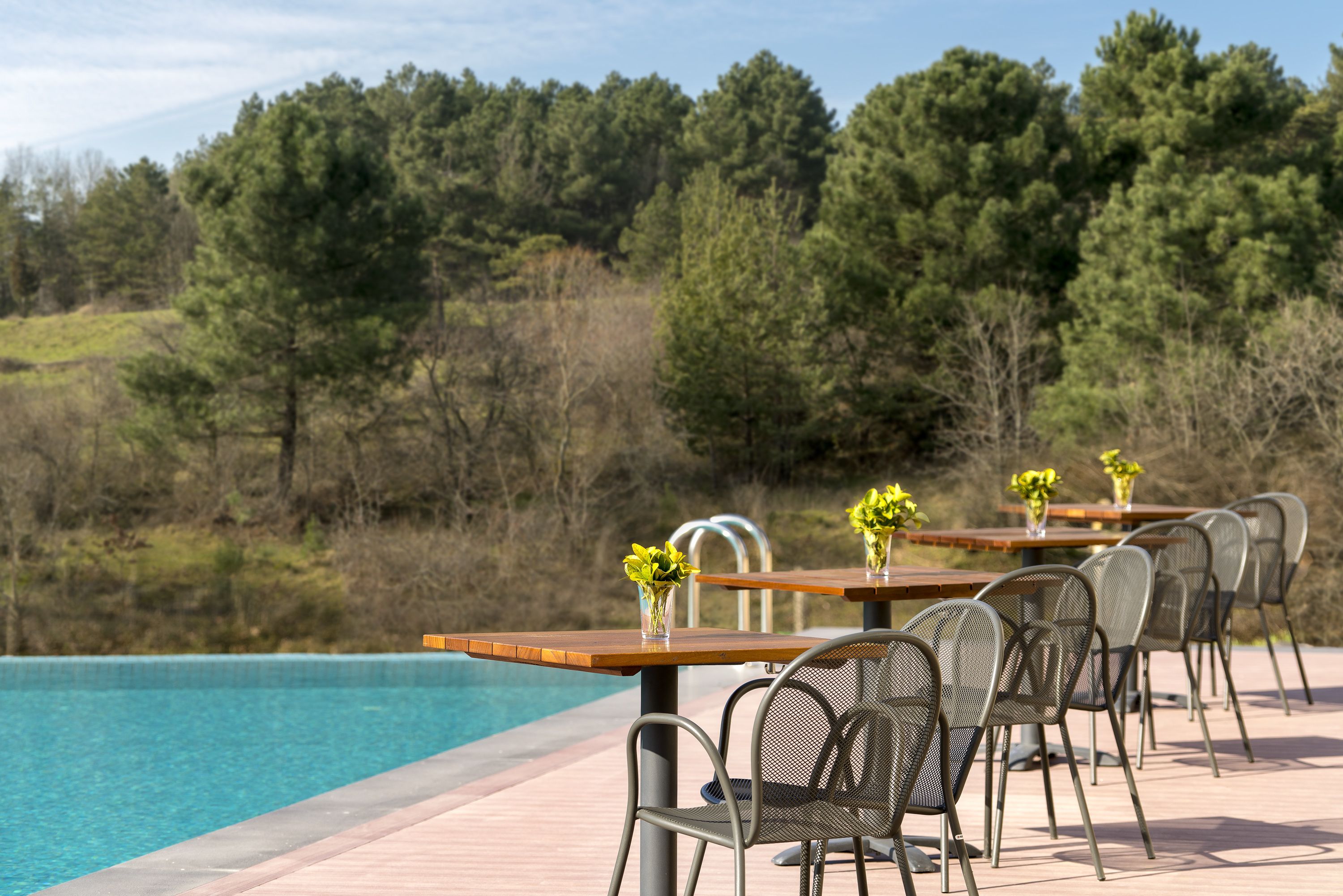 Zona junto a la piscina con mobiliario exterior y vistas a una ladera boscosa.