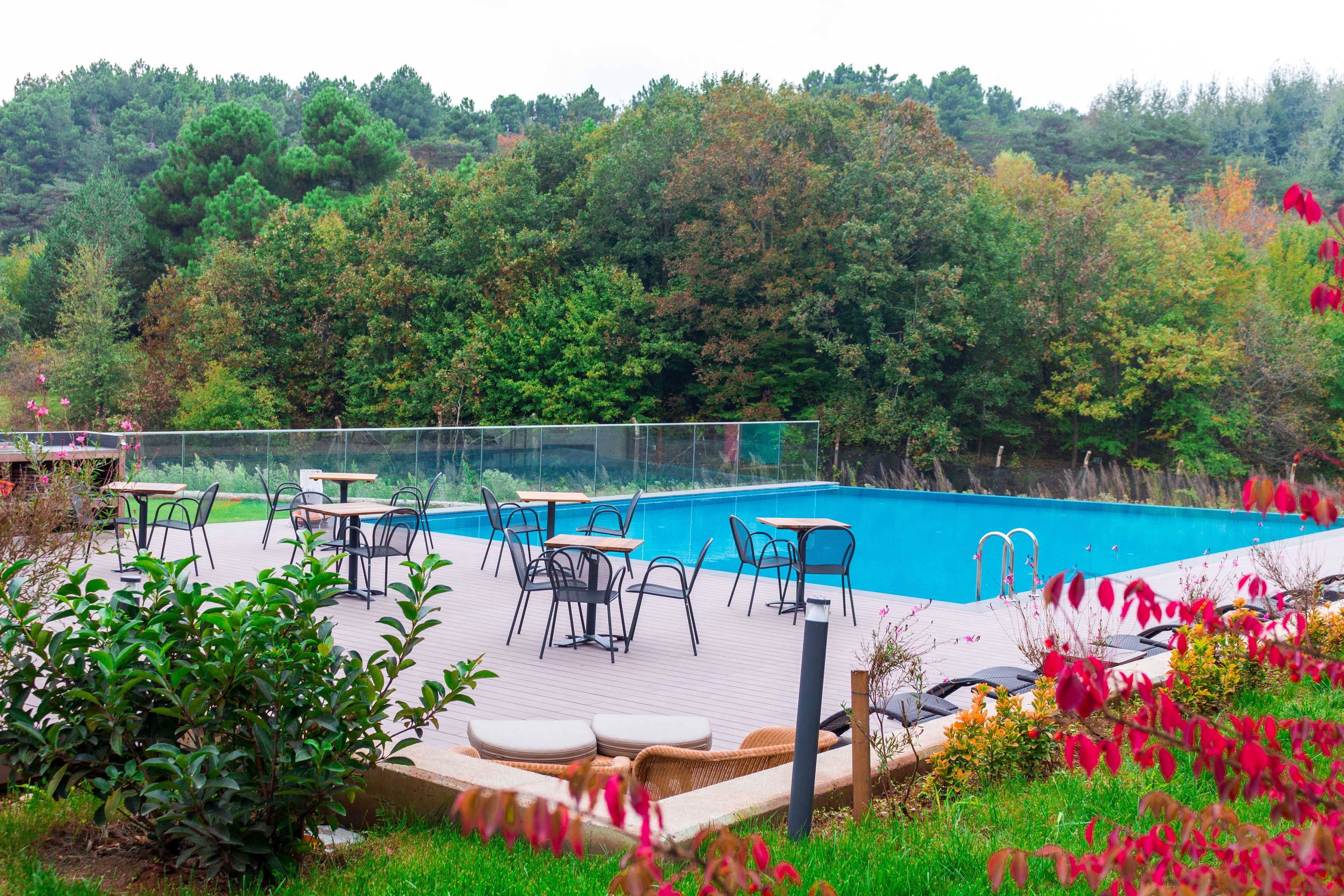 Zona junto a la piscina con mobiliario exterior y vistas a un paisaje montañoso cubierto de bosque.