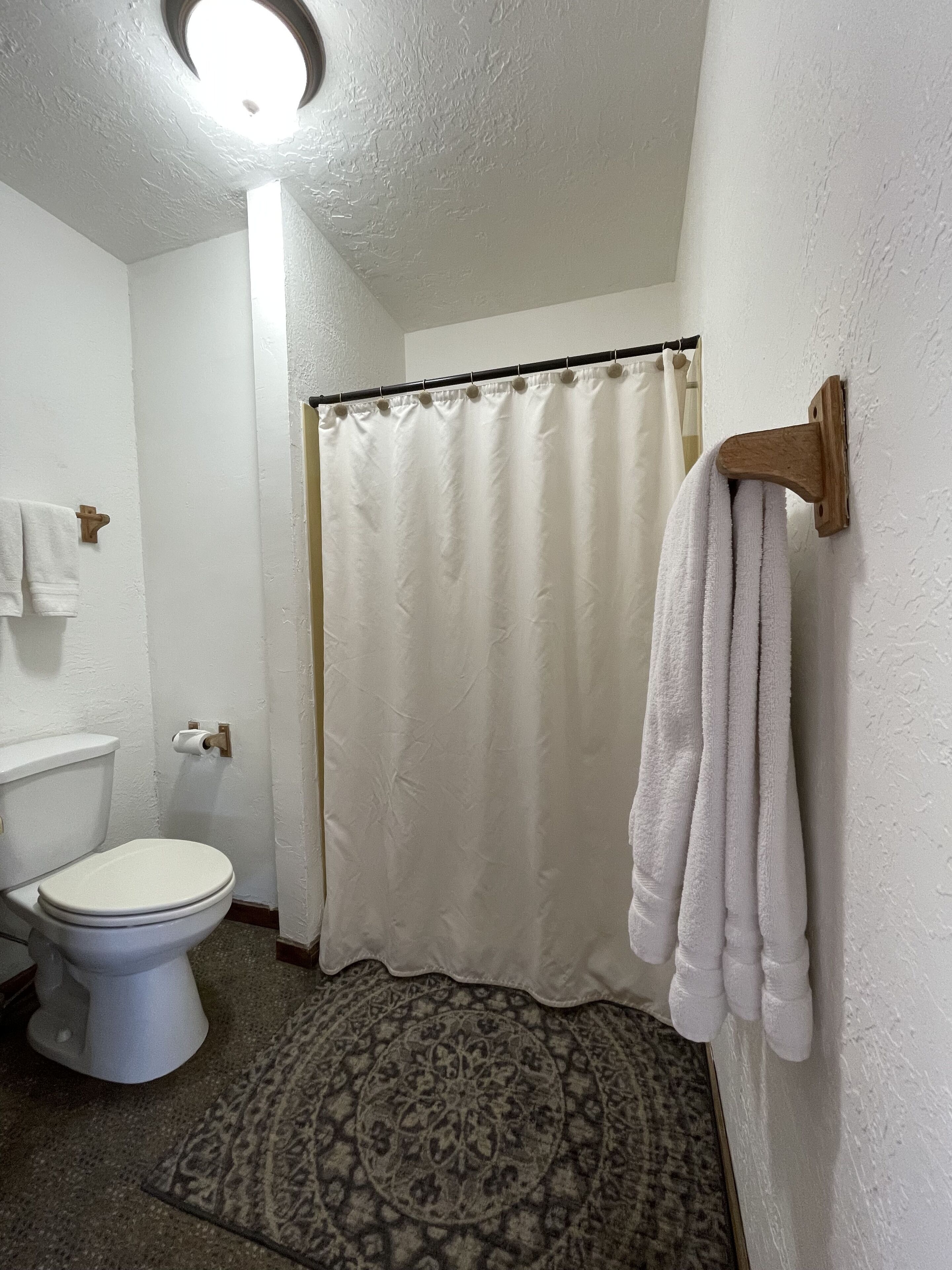 A bathroom with a toilet, a shower curtain, a towel rack, and a patterned rug.