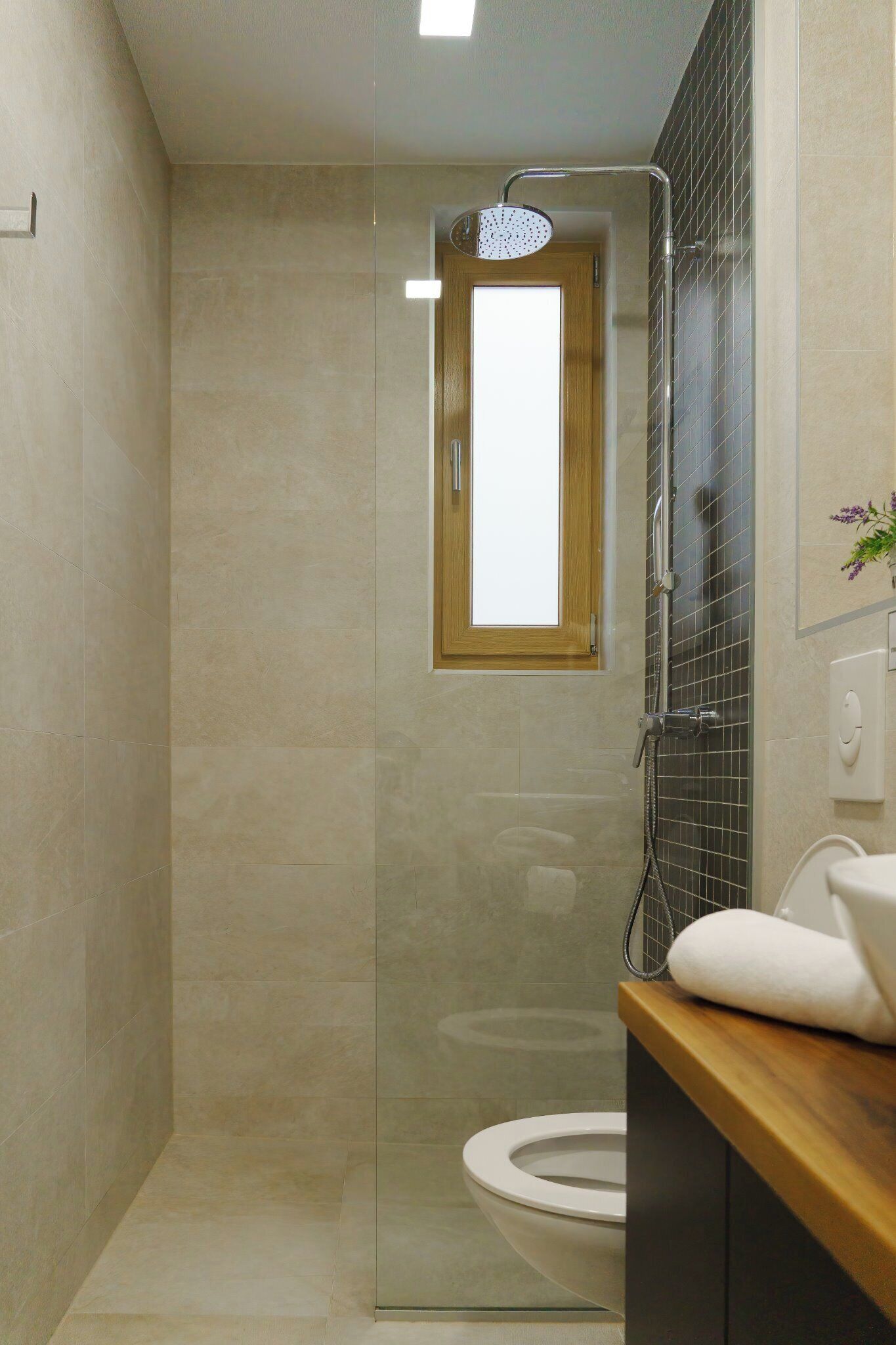 A modern bathroom with a glass-enclosed shower, a wooden vanity, and a toilet.