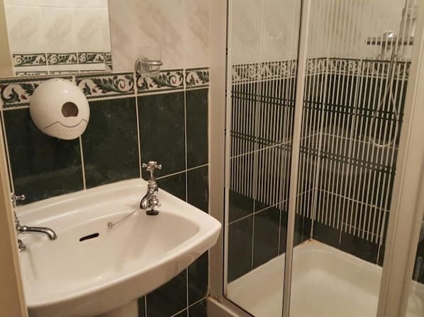 Une salle de bain avec un lavabo blanc, un porte-rouleau de papier toilette orné d’un visage souriant et un espace douche doté d’une grille métallique.