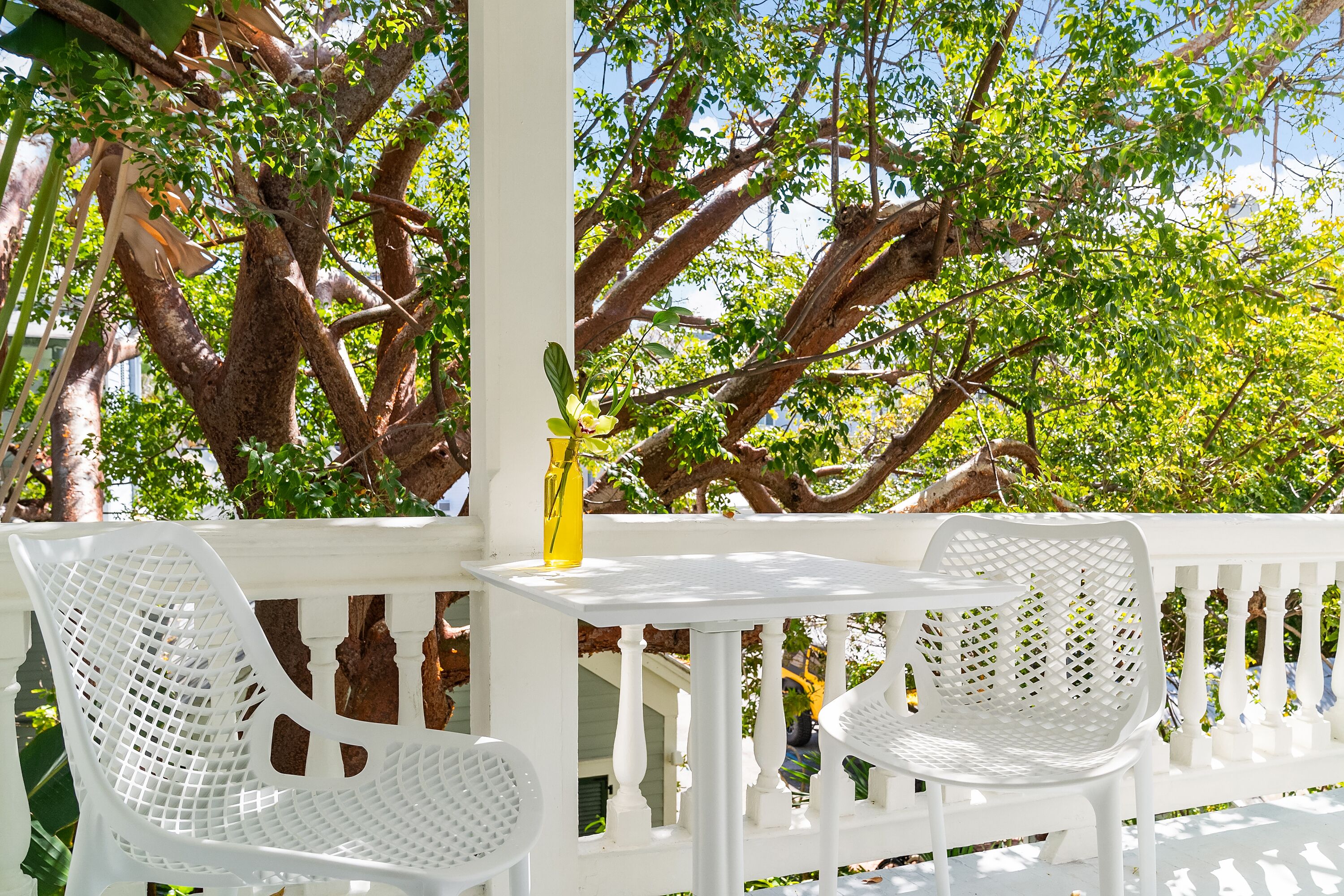 A white outdoor seating area with a table and chairs, surrounded by a white railing and lush green trees.