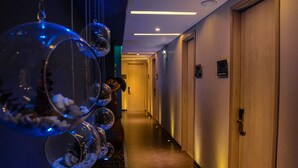 A hotel corridor with a modern design, featuring a glass display with spherical objects and a wooden door with a sign. - Hotel Perla Suite Santa Marta (Santa Marta)