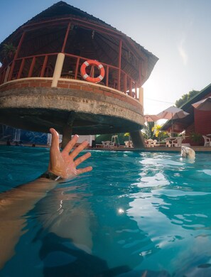 Kolam renang outdoor, dengan payung kolam renang dan kursi berjemur