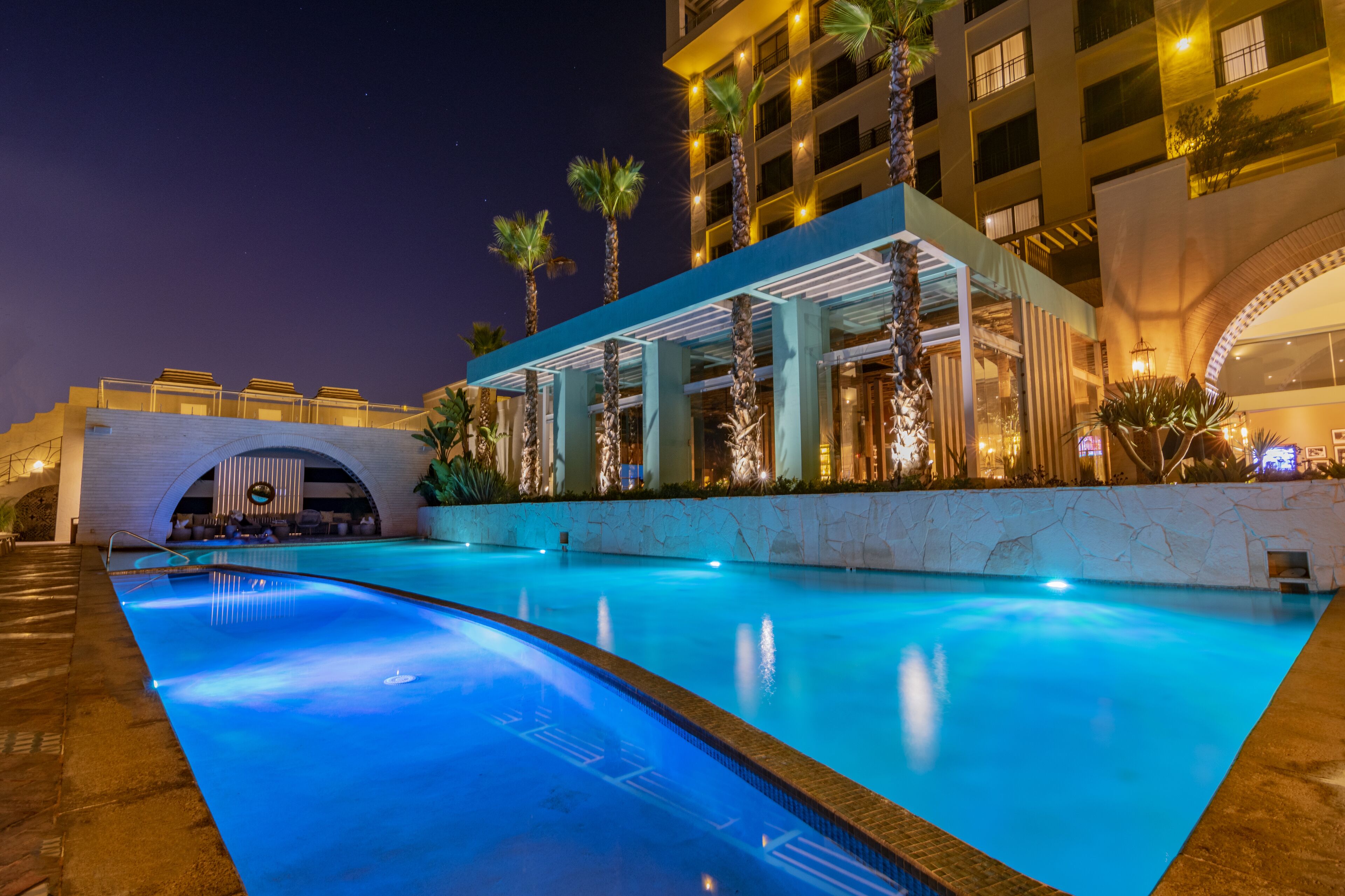 Outdoor pool, pool umbrellas, pool loungers