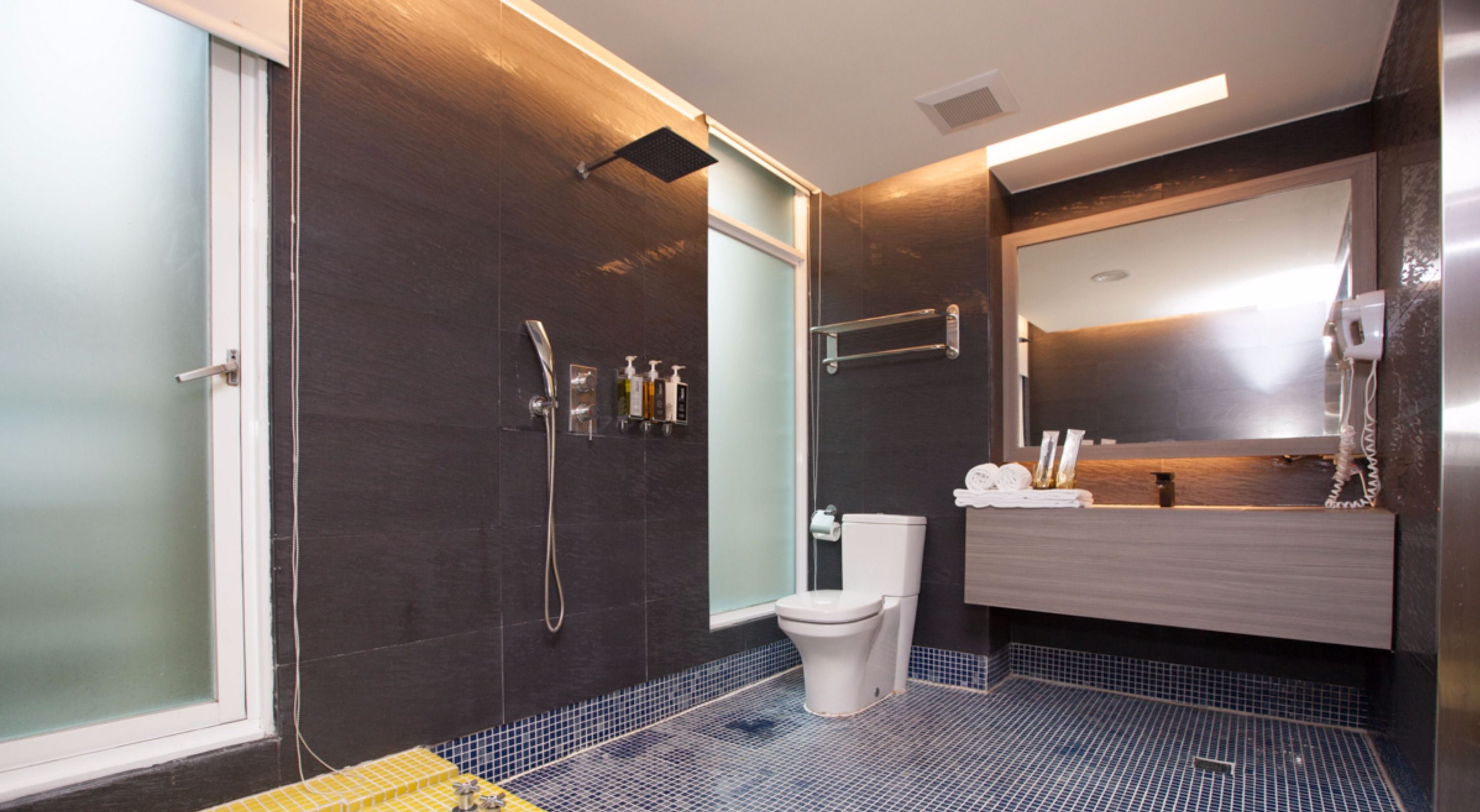 A modern bathroom with a walk-in shower, a toilet, and a sink with a mirror.