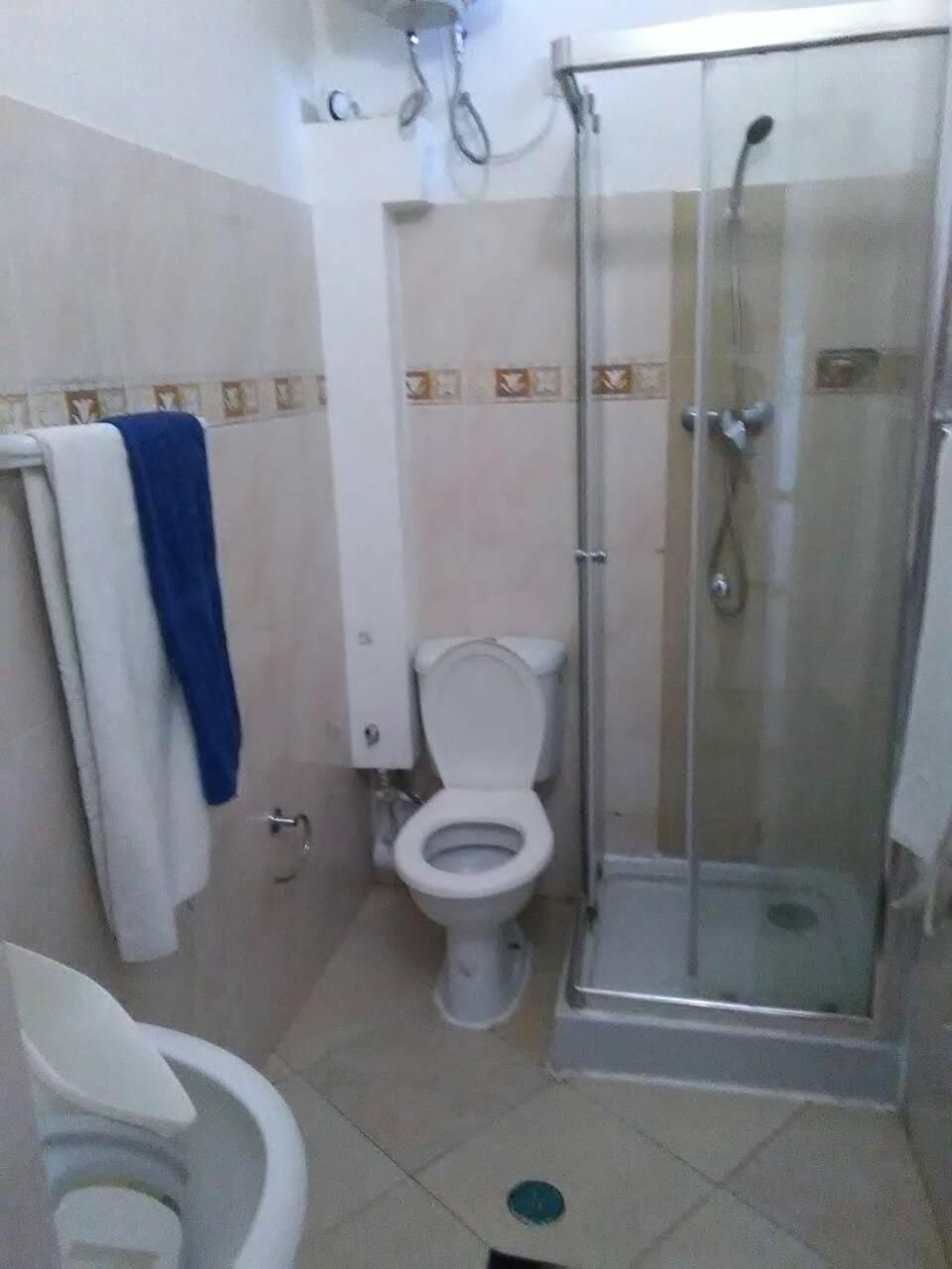 A bathroom with a toilet, a shower enclosure, and a towel rack.