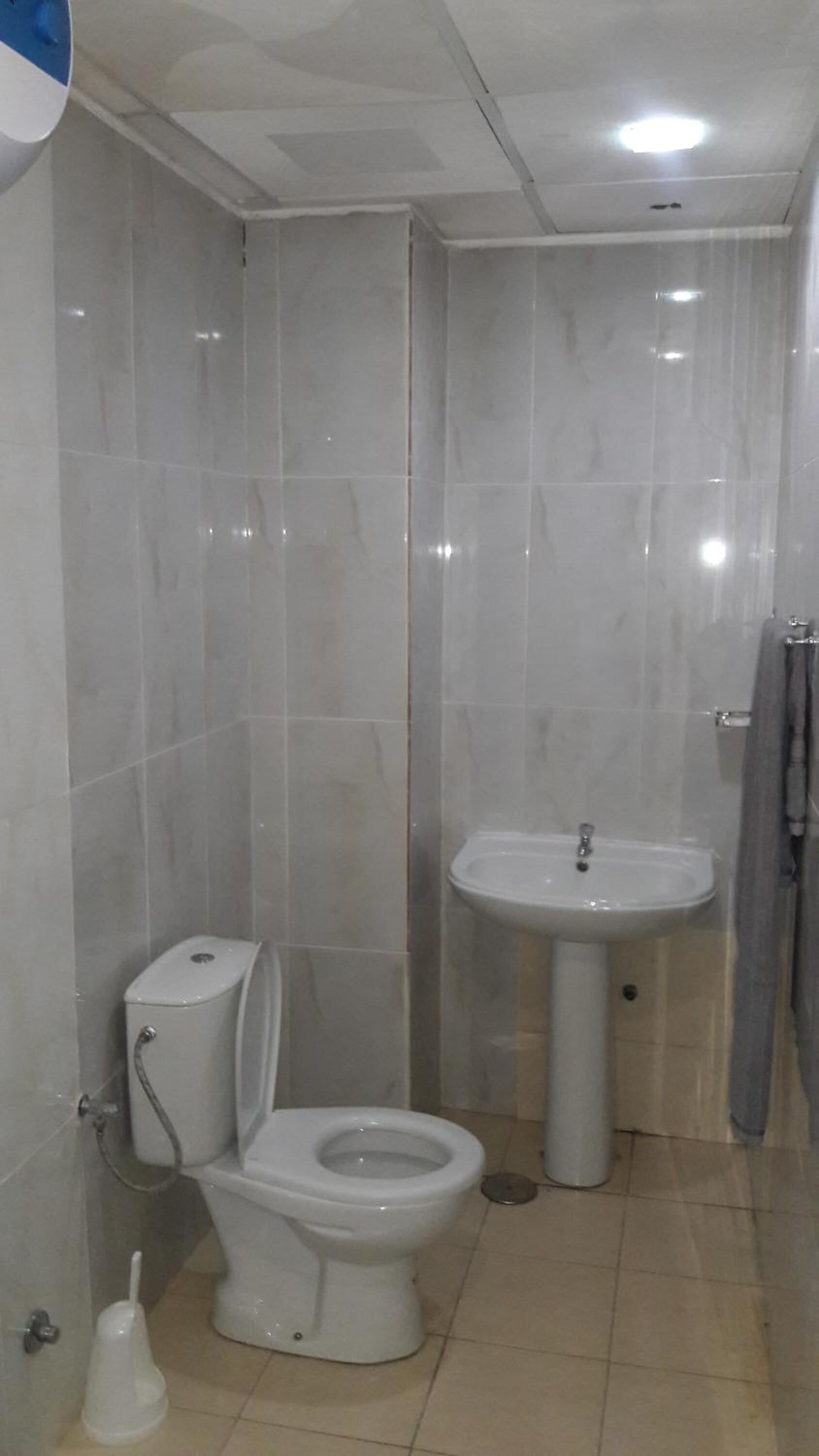 A bathroom with a toilet, sink, and shower.