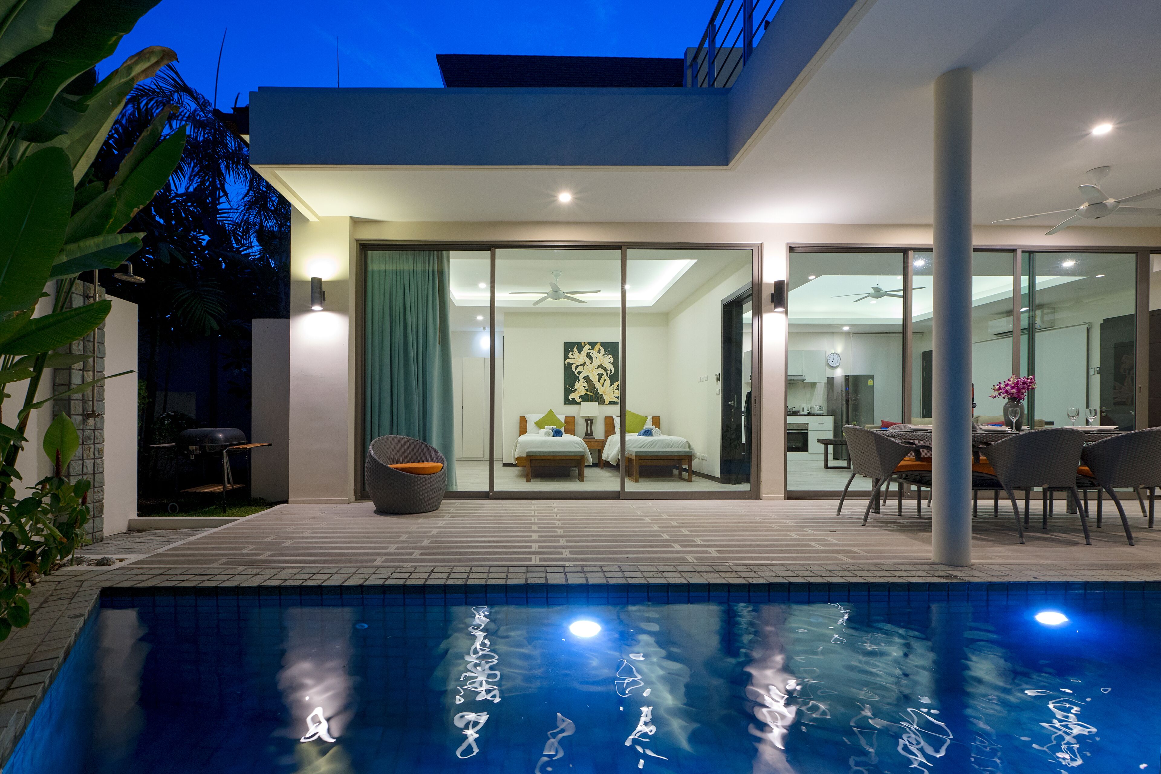 Outdoor pool, pool umbrellas, pool loungers