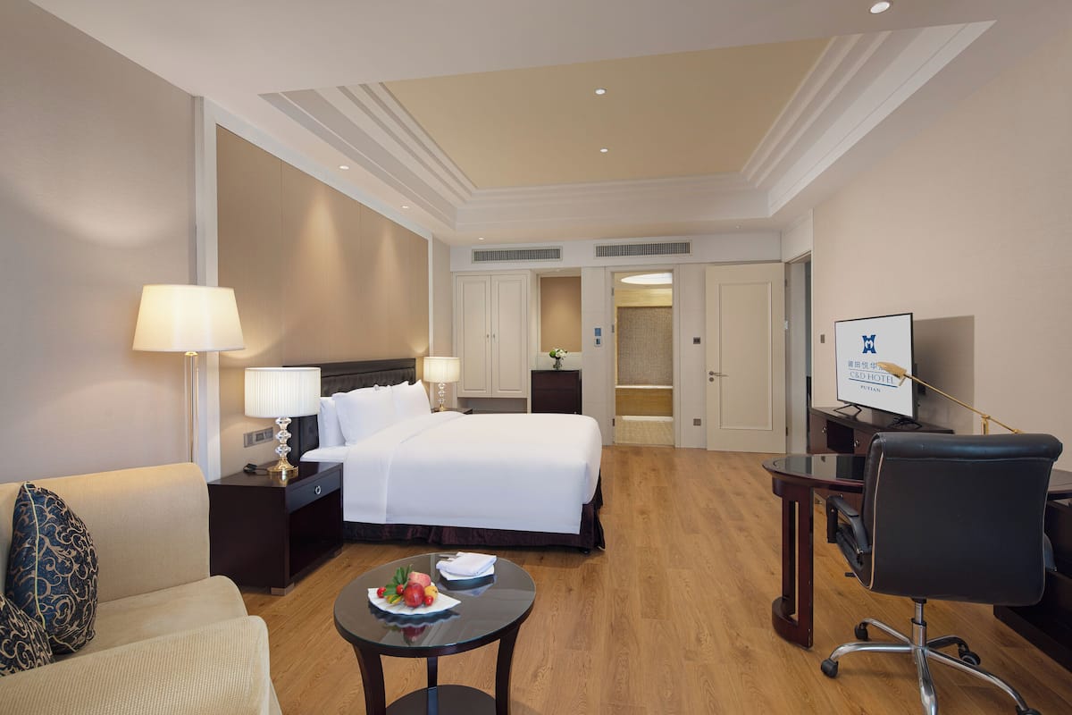 A hotel room with a bed, a desk, a chair, a lamp, and a television.