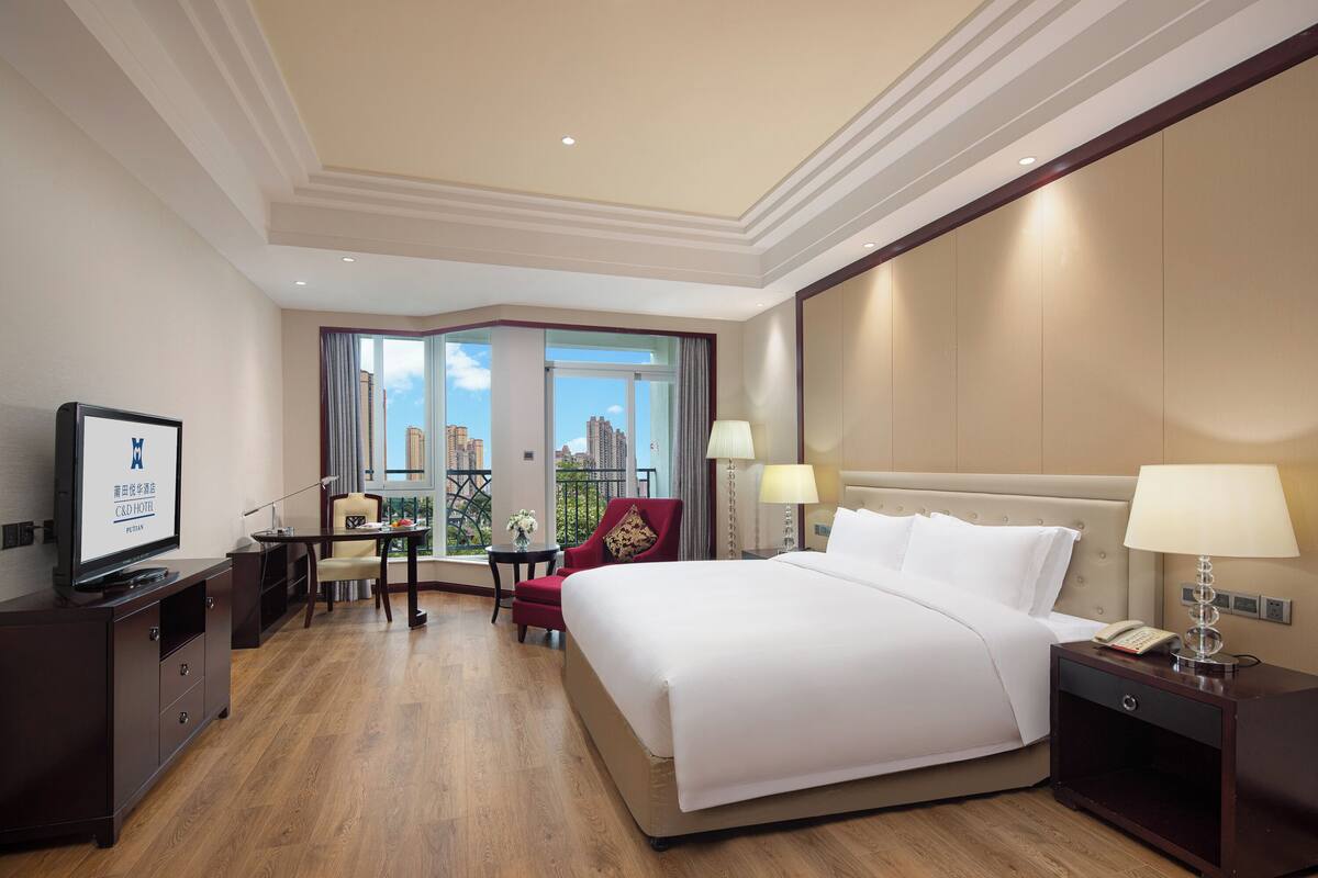 A hotel room with a large bed, a TV, a desk with a chair, and a balcony with a view of the city.