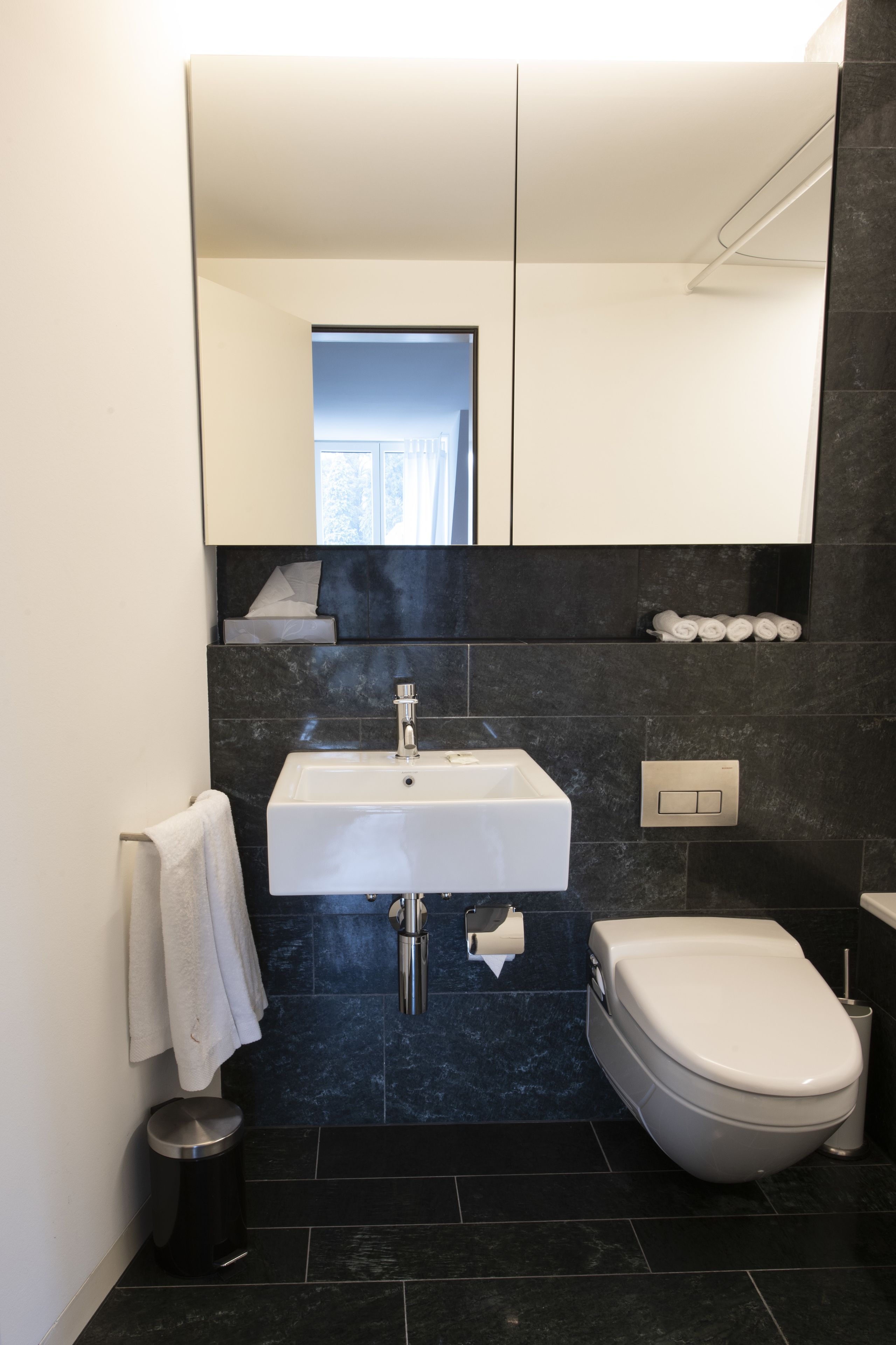 A modern bathroom with a white sink, a toilet, and a mirror above the sink.