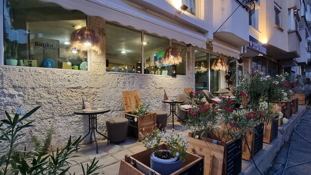 Un espacio al aire libre con mesas y sillas de madera, plantas en macetas y una pared de piedra.