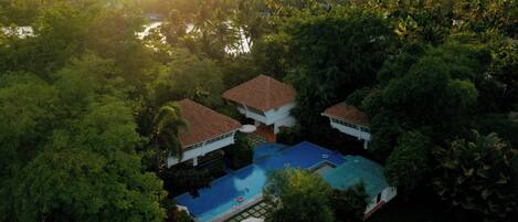 Zona residencial con dos casas rodeadas de vegetación densa y una piscina.