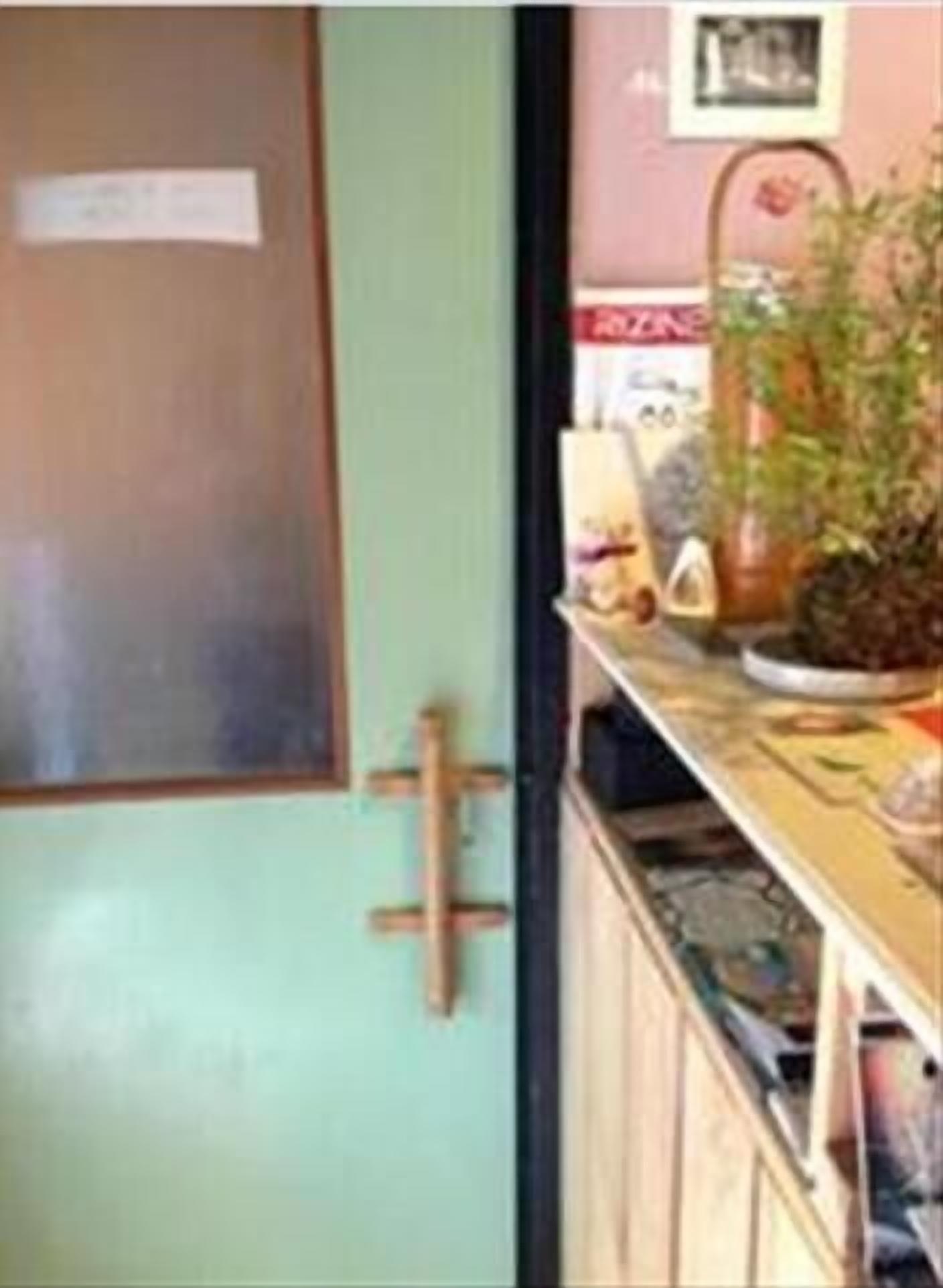 A room with a wooden door, a bulletin board, a plant, and a counter with various items.