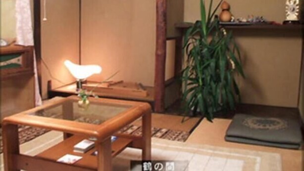 A traditional Japanese room with tatami flooring, a low wooden table with a lamp, a potted plant, and a shelf with decorative items.