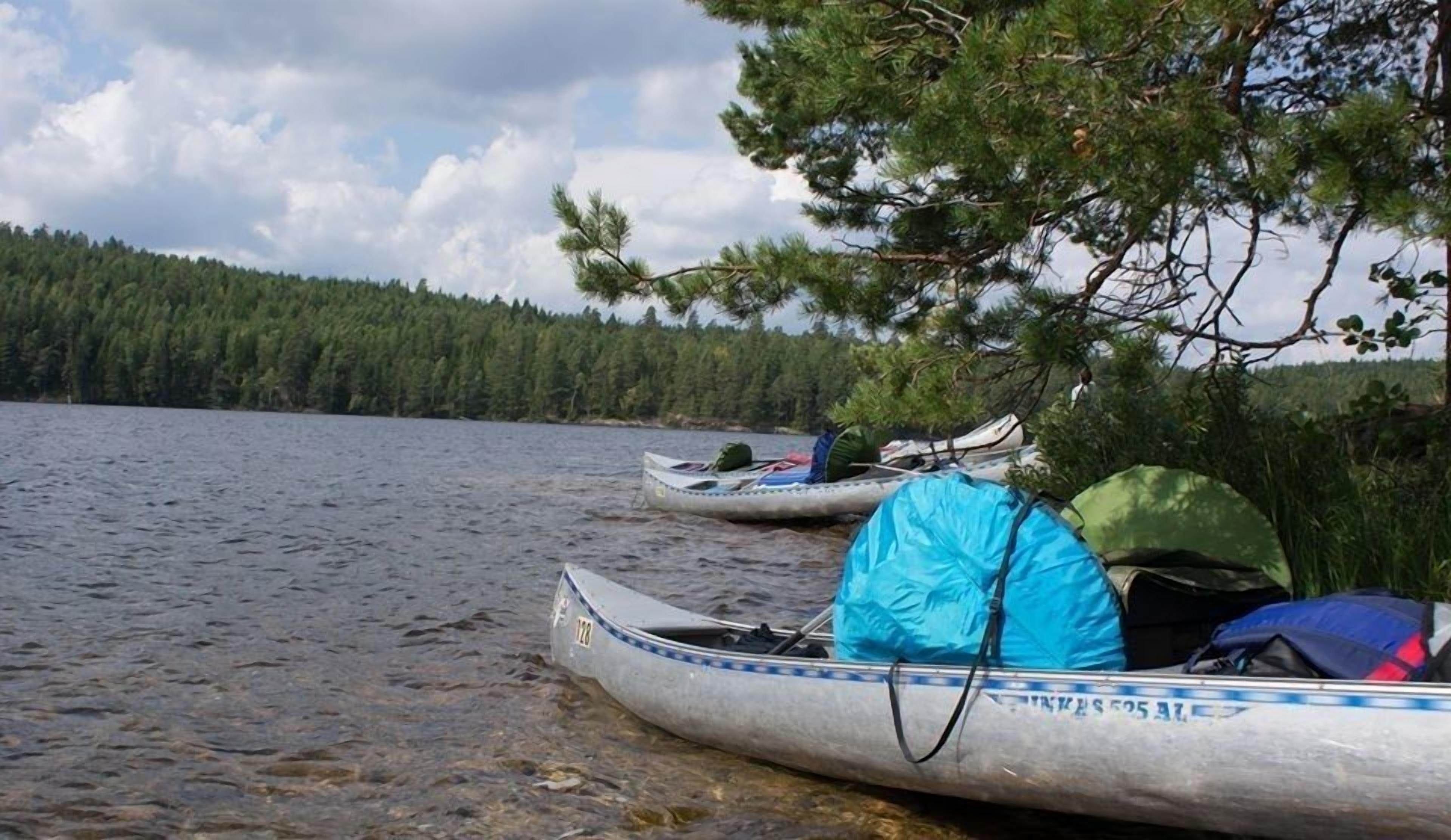Un lac paisible où sont amarrés des canoës près du rivage, le tout entouré d’une forêt dense.