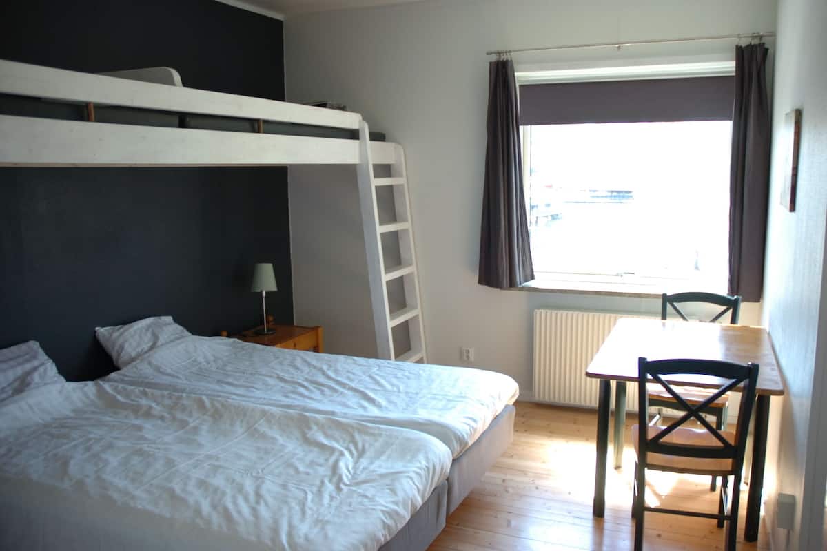 A room with a bunk bed, a desk with a chair, a window with curtains, and a radiator.