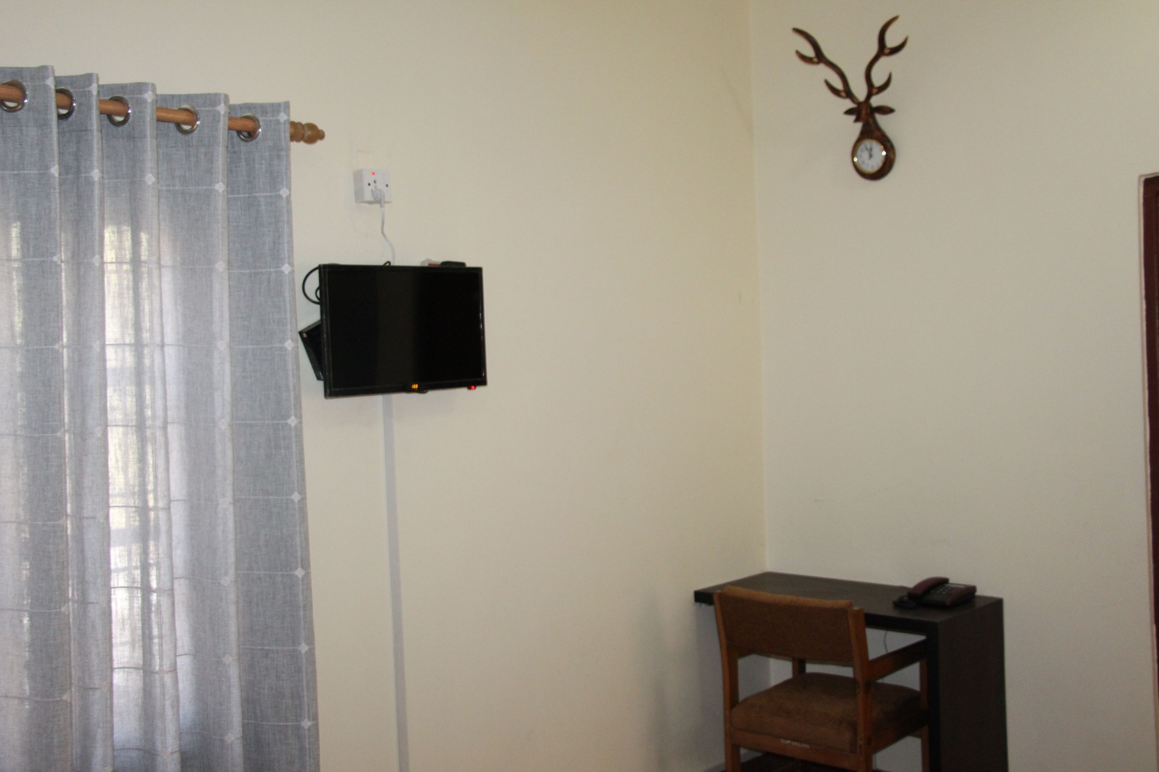 A room with a curtain, a mounted television, a chair, and a wall-mounted deer head decoration.
