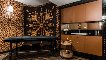 Relax in style with a bench and vanity area, complete with a convenient storage cabinet.
